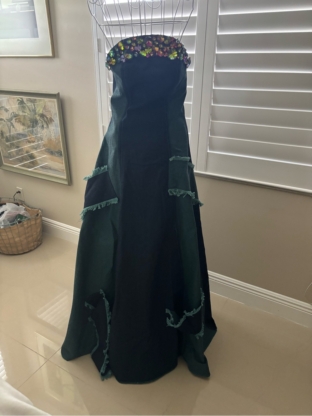 Phenomenal one of a kind designer two tone denim gown with gemstone bodice